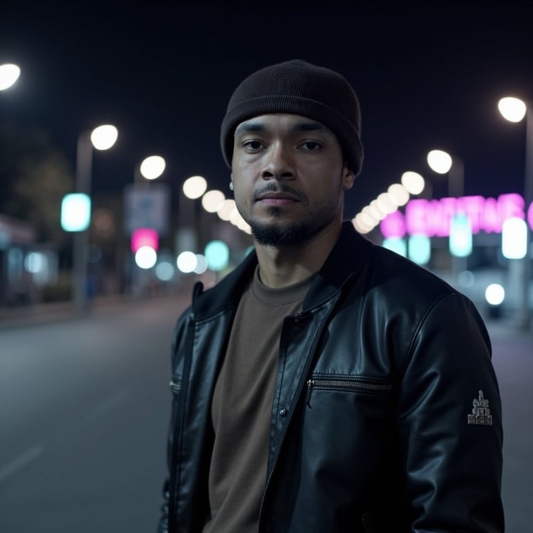 Man wearing black beanie and leather jacket standing on city street at night with colorful lights in blurred background