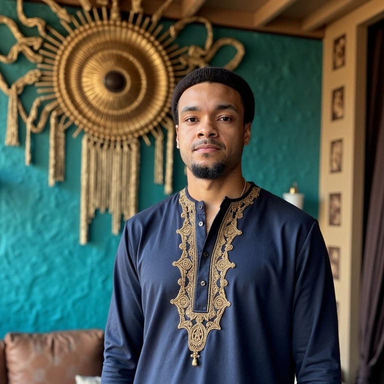 Man in dark blue traditional dashiki with gold embroidery stands in front of turquoise wall with decorative gold circular sunburst and wall art